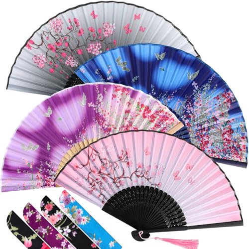 Zonon 4 Pack Hand Held Folding Fans for Women Silk,Retro and Elegant - style: Retro and Elegant