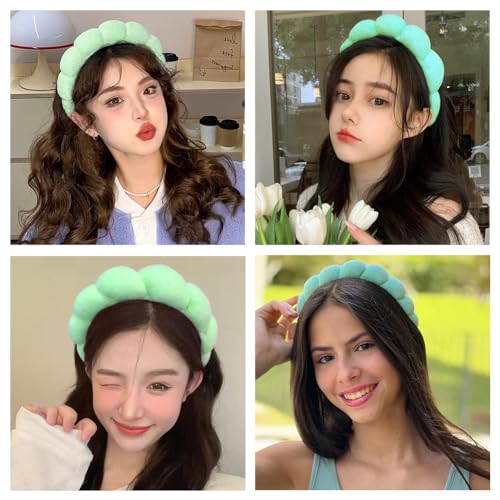 AOENJIE Spa Headbands for Washing Face or Makeup, Sponge Bubble Skincare Headbands, Puffy Terry Cloth Hairband for Women, Skin Care Makeup Headwear Hair Accessories for Girls (Green) - color: Green