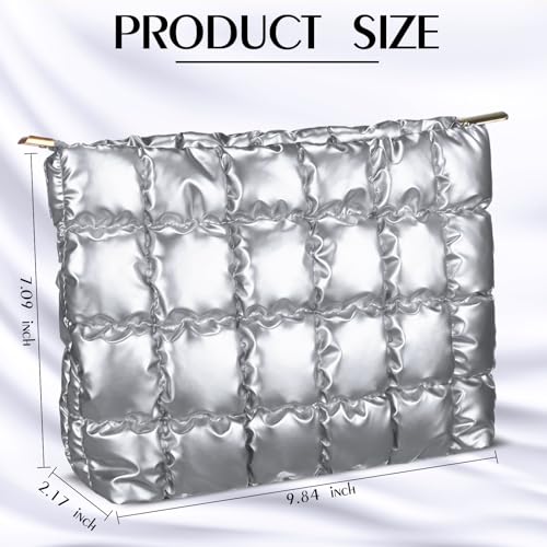 Hillban Silver Puffy Quilted Makeup Bag for Women Cosmetic Gift, Classic - color: Silver, size: Classic