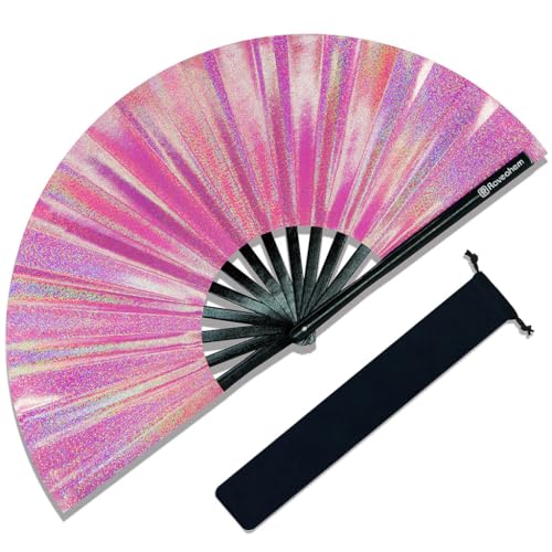 Large Rave Fan, Clack Folding Hand Fan with Premium Fabric, Thick Bamboo Frame for Men Women Gift for EDM, Festival, Club, Party, Dance, Decoration (Lridescent Pink, 13") - color: Lridescent Pink, size: 13"