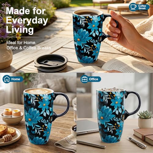 Topadorn 17oz Ceramic Travel Mug, Blue Floral Coffee Mug with Lid & Handle - color: Blue Flower