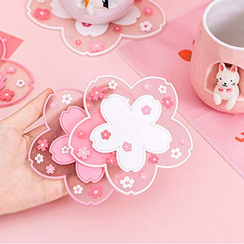 Sakura Coasters Set of 4 Kawaii Cup Mat Anti-Skid Pot Bowl Pad Placemats PVC Cherry Blossom Coaster for Drinks Coffee Table Cute Room Home Kitchen Decor Kawaii Desk Accessories(4.3in) - size: Small 4pcs