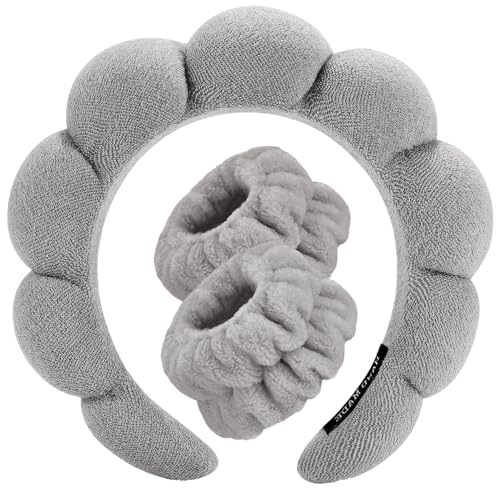 Spa Headbands for Washing Face Wristband Set Sponge Makeup Skincare Headband Wrist Towels Bubble Soft Terry Towel Cloth Hairband for Women Puffy Headwear Non Slip Thick Thin Hair Headwear (Dark gray) - color: Dark gray