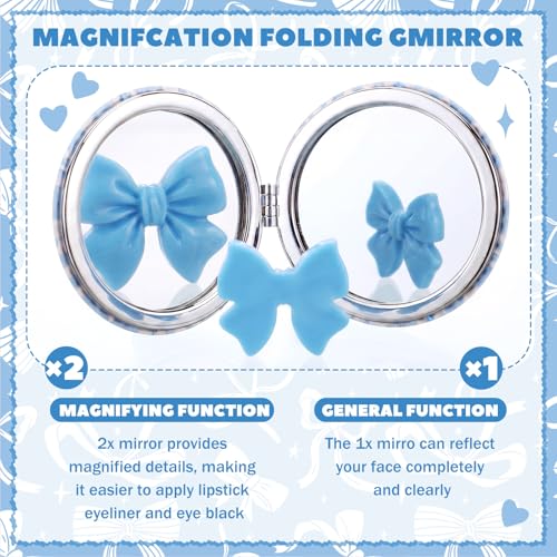 Weysat 9 Pcs Blue Bow Compact Mirrors Double Sided 1x/2x Portable - color: Blue, size: Bow