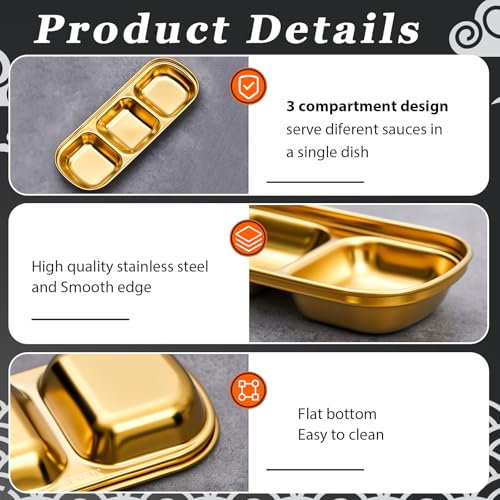Maxcheck 12 Pcs Soy Sauce Dish Stainless Steel Divided Dip Bowls Korean 3 Compartment Sauce Plate Seasoning Dipping Condiment Tray for BBQ Vinegar Spice Salt Sugar Flavor Home Restaurant (Gold) - color: Gold