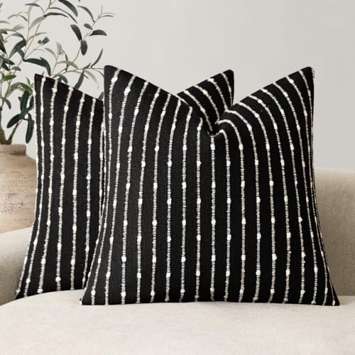 Foindtower Decorative Striped Boucle Throw Pillow Covers 18x18 Inch Black - color: Black, size: 18" x 18" (Pack of 2)