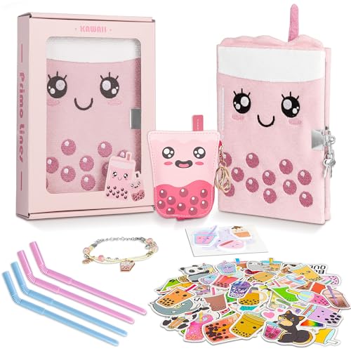 All In One Gift Kit for Girls – Back to School Supplies, Lock and Key Plush Journal Stationery Set with 53 Stickers, 1 Bracelet, 1 Coin Purse, 4 Straws and 3 Sticky Notes, for Kids, Toddlers, and Teens (Pink Boba) - color: Pink