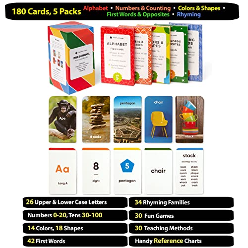 Award-Winning Flash Cards for Preschool & Kindergarten – 5-Deck Set, 180 Jumbo Cards – Learn Alphabet, Numbers, Colors, Shapes, First Words, Opposites & Rhyming – for Kids Ages 3–5