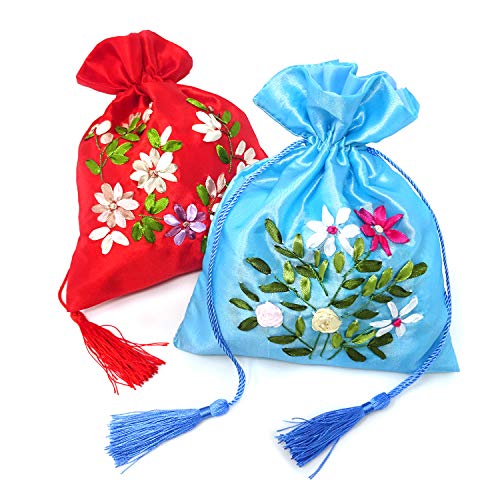 Honbay 2PCS 18x22cm/7.1x8.7inch Drawstring Gift Bags Brocade Silk Jewelry Pouches