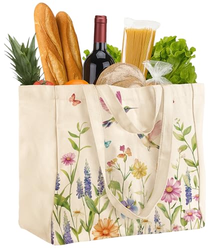 Miss Adola Cute Extra Large Canvas Grocery Tote Bag - color: Flower & Hummingbird