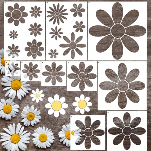 AFRITEE Large Flower Stencils for Painting on Wood - 10 Pcs Floral Daisy Reusable Plastic Wood Stencils - style: Flower