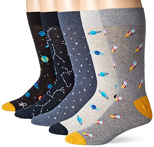 Amazon Essentials Men's Patterned Cotton Dress Crew Socks, 5 Pairs - color: Space, size: 8-12