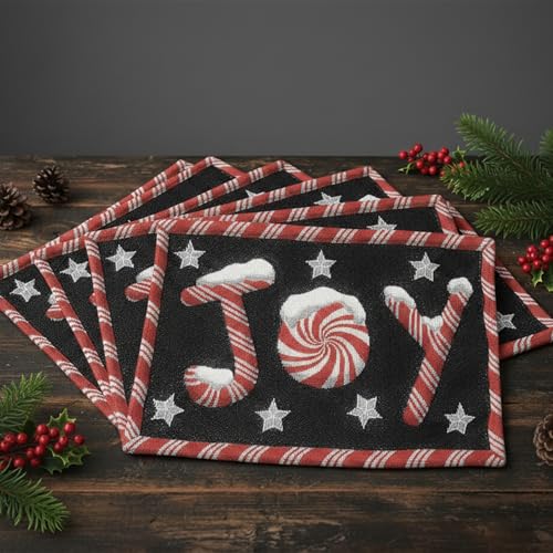 DaDa Bedding Starry Peppermint Joy Placemats - Set of 4 Festive Christmas Winter Holiday Tapestry - Red Black & White Cotton Linen Woven Yueltide Dining Table Mats - 13” x 19” (12904) - color: Joy