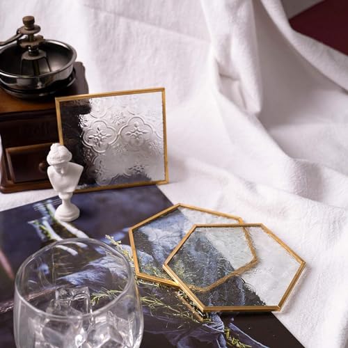 Glass Gold Coasters for Drinks with Holder, 6 Pcs Cup Coaster Set with Carved Glass Stylish for Coffee Tea Wine Coasters for Bar with Brass Edge Hexagon and Square Coasters Home Decor - color: Square and Hexagonal Coasters With Holder
