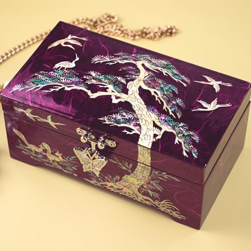 Mother of Pearl Lacquer Wood Jewelry Box, Pine Tree, Purple - style: Pine Tree Purple