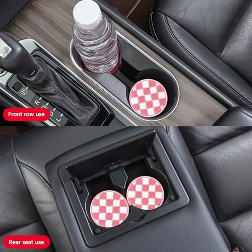 Car Cup Holder Coaster, 2-Pack Drink Coasters for Car Accessories, Car Things Automotive Organization, Desk Use, Men and Women’s Must-Haves, Pink Checkerboard Felt Inserts Gift for Her - color: Light Pink/White