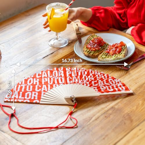 Fisura - Original red folding fan with message p*to calor. Handheld folding fan for women. Hanger included. Fans for wedding, party, gift. - color: P*to Calor, Red Pattern