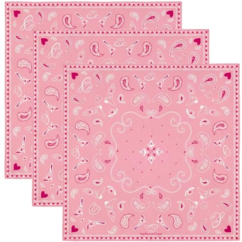 The Peacock Crew Premium Soft Cotton Bandanas Pack for Men and Women Paisley 22 x 22 inches - color: 3 Pack Cowgirl Light Pink