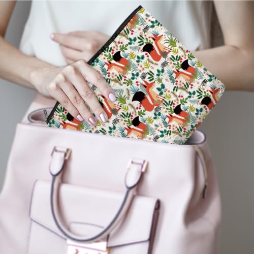 Boho Makeup Bag, Fox Botanical Floral Cosmetic Bag Makeup Organizer Pouch - color: ForestFox