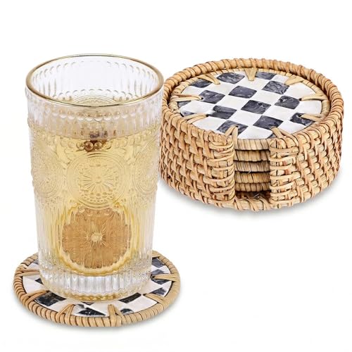 Boho Coastal Coasters Set of 6, Handwoven Rattan Coasters with Holder - style: Checkered Pattern