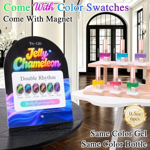 Double Rhythm Cat Eye Gel Nail Polish Set of 6 Same Color Same Bottle 0.5 Oz Shimmer Glitter with Magnet Holographic Reflective Magnetic UV Nail Polish Kit at Home (T6-120) - color: Chameleon Jelly