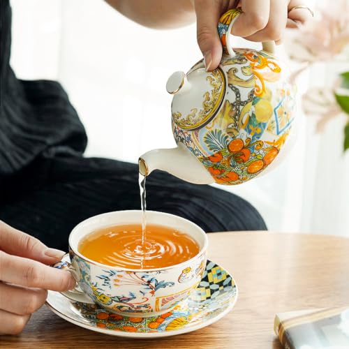 KAMMAK Tea for One Set, Ceramic Teapot, Bone China Tea Set, Cup and Saucer - color: Yellow-XY16