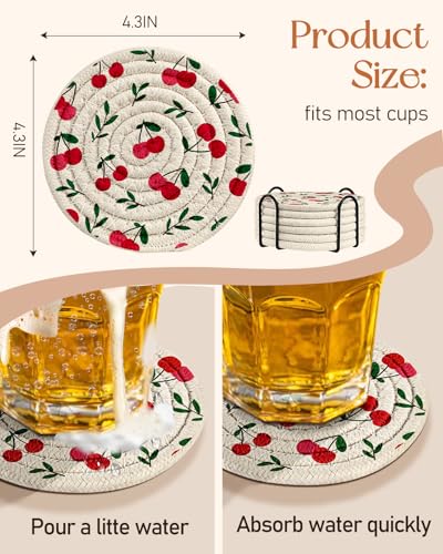 Absorbent Cup Coasters Set of 6 with Holder, Cherry - color: Cherry