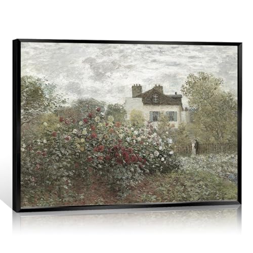 Huabsad Vintage Landscape Monet Flower Oil Painting Canvas Wall Art Antique Cottage Outdoor Garden Roses Lover Wall Decor Rustic Farmhouse Bedroom Aesthetic Prints 16x24in Black Framed - color: Oil painting02, size: 16x22in Metal Framed