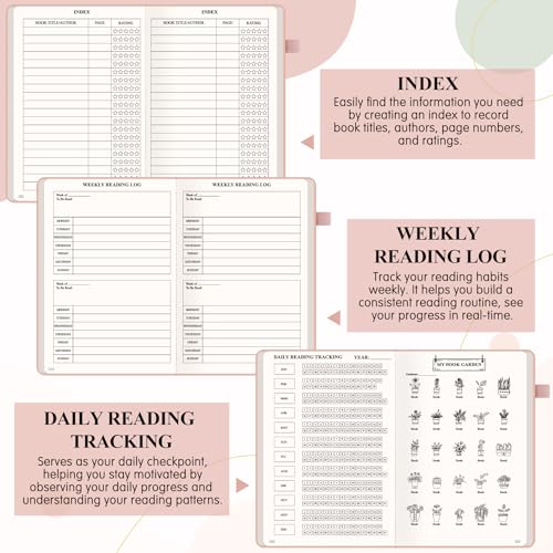 AKONEGE Reading Journal for Book Tracking - PU Leather Book Journal Reading Log with 80 Reviews for Readers, Accessories with Sticky Tabs, Pen Holder, Ribbon Bookmarks, 5.6" x 8.3", Pink - color: Pink