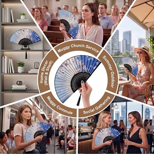 Japanese Folding Hand Fan for Women - Bamboo Silk Handheld Fan with Tassel & Pouch for Hot Flashes, Rave, Church, Gift,Wedding - Whisper-Quiet, Purse Size (Skura-Blue) - color: Skura-blue
