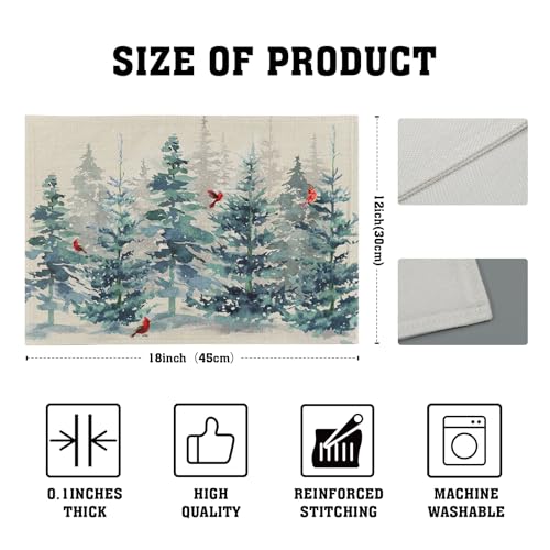Winter Forest Tree Placemats Set of 4，Pine Tree Christmas Red Bird Heat Resistant Non Slip Place Mats Cotton Linen Tablemats for Dining Table Kitchen Decor 18 x 12 Inch - color: Winter Watercolor Pine Tree