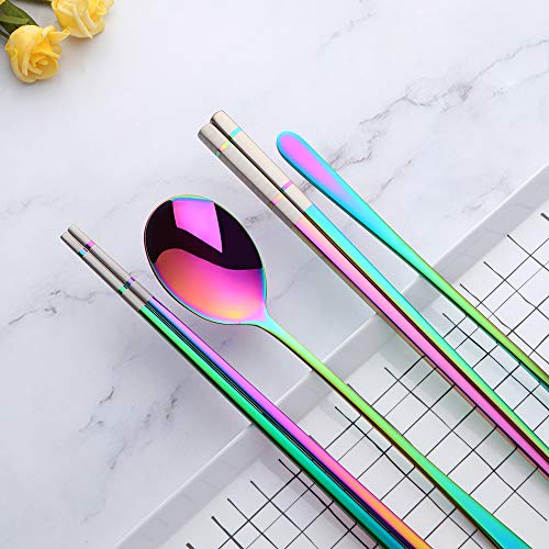 Buyer Star 4 Set Rainbow Square Chopsticks and Spoons Set Metal Stainless Steel Spoons Chopsticks Set - color: rainbow-square chopstick and spoon