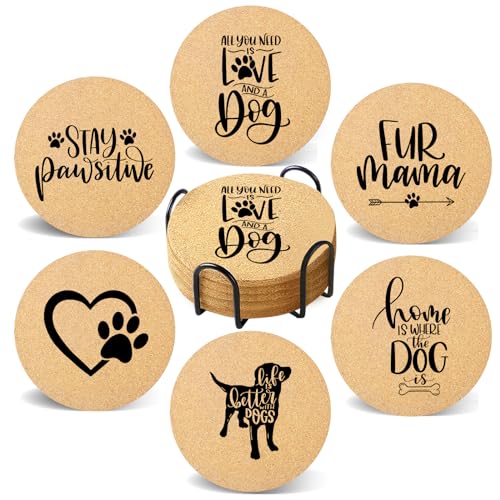 Coasters for Drinks with Set of 6, Cute Dog Coaster for New Home Couples House Warming Gifts Absorbent Paw Cork Wood Bulk for Cup Desk Coffee Table Office Kitchen Decor, Round 4" - color: Dog