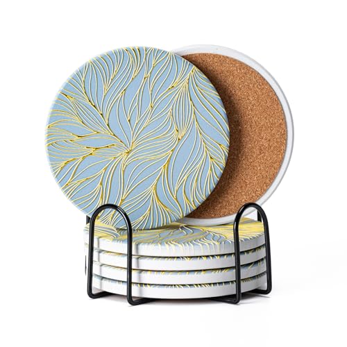 6Pcs Absorbent Coasters Set with Holder,Ceramic Drink Coaster,4 in（A7） - color: Gilded Relief