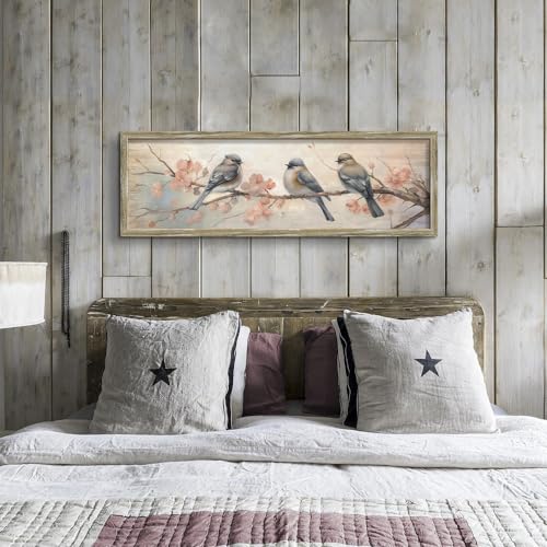 ARTISTIC PATH Rustic Spring Sparrow Wooden Framed Wall Art 36x12 Inch - color: pink, size: 36"L x 12"W