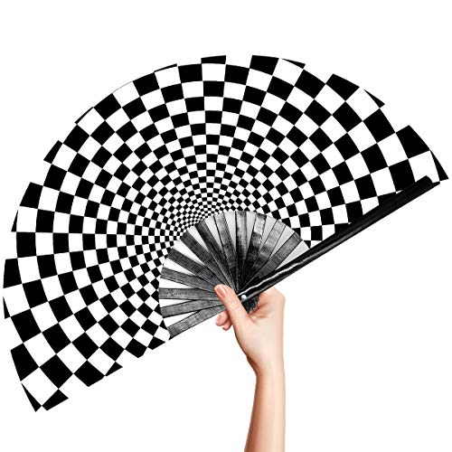 OMyTea Large Rave Clack Folding Hand Fan for Men/Women - Chinese Japanese Bamboo Handheld Fan - for EDM, Music Festival, Club, Event, Party, Dance, Performance, Decoration, Gift (Speed Checkered) - color: Speed Checkered