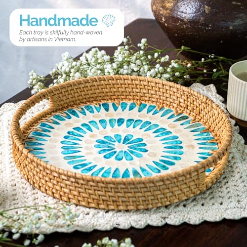 JUNGLE CULTURE Round Rattan Tray with Mother of Pearl Inlay • Ripple 12” - color: Ripple, size: 11.8"