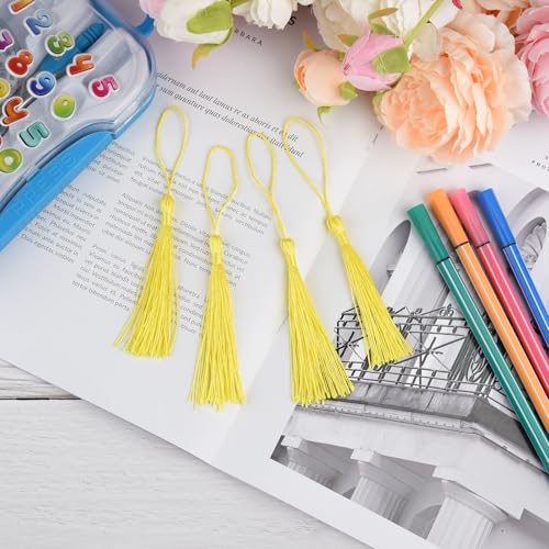 100 Pcs Bookmark Tassels Bulk Yellow Soft Craft Silky Handmade Mini Tassels for Jewelry Making with Loops for DIY Craft Accessory Dress Decoration - color: Yellow