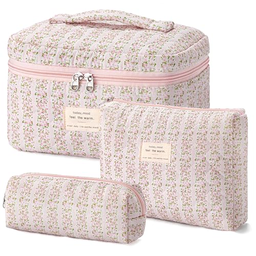 HBselect Quilted Makeup Bag, 3Pcs Cotton Large Travel Makeup Bags Organizer - color: A-3PCS-Floral 16