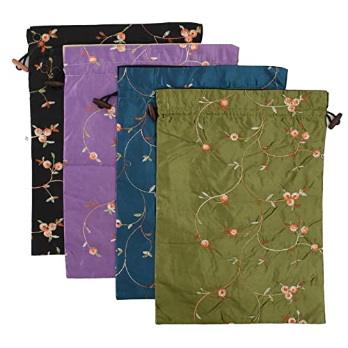 Embroidery Silk Flower Shoe Bag 4Pcs Drawstring Silk Travel Bag Jacquard Underwear Bags Washable Big Sachet Bag Storage Bags for Men Women - color: Black, green, peacock blue, dark violet