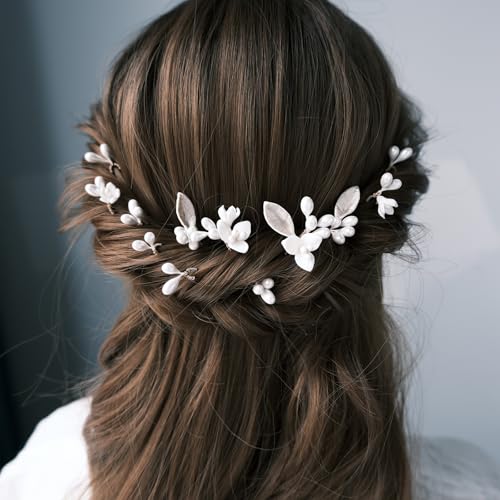 Handmade Pearl Bridal Wedding Hair Pins 12Pcs White Flowers Pearls Clips Wedding Hair Accessories for Women Brides Bridesmaid - color: Set-B-Bronze