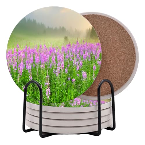Spring Season Flowers Round Coasters Set of 6 - Abosrbent Ceramic Coasters with Metal Stand for Drinks, Coffee, Non-Slip Cork Back for Tabletop Protection, 4 Inches (Meadow) - color: Meadow