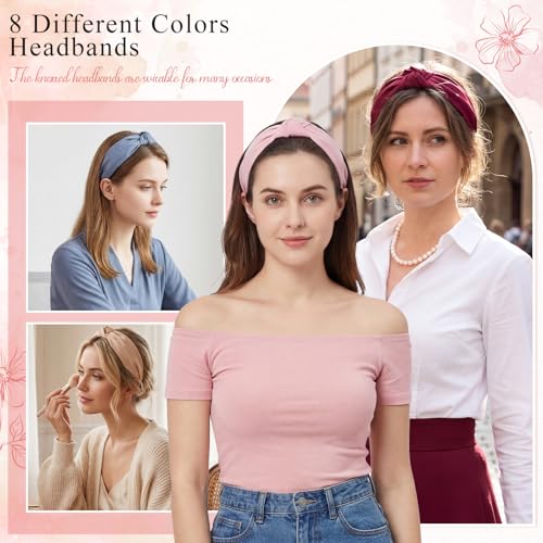 obeoby 8 Pack Knotted Headbands, Teacher Headbands for Women - color: black, burgundy, brick red, yellow, blue, pink, khaki, beige