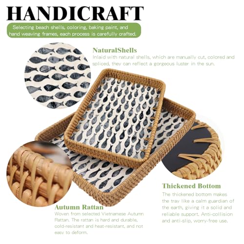 2 Pcs Rattan Mother of Pearl Serving Tray, Wicker Woven Coffee Table Tray - color: Black Fish