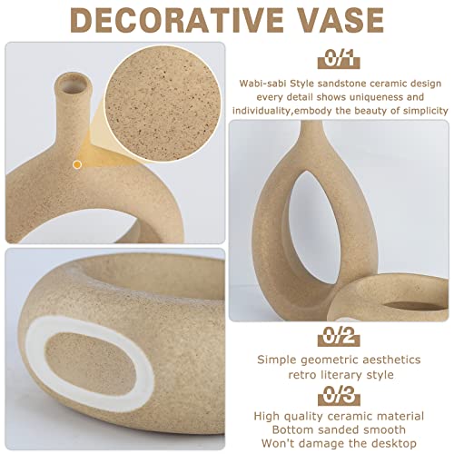 LCCCK Matte Beige Ceramic Vase, Tan Circle Vases with Hole, Neutral Rustic Centerpiece Table Decorations Flower Vase, Minimalist Vase Farmhouse Dinner Decor - color: A