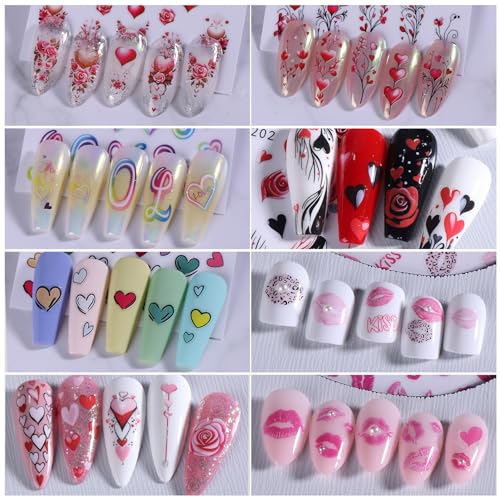 Valentine's Day Nail Art Stickers 12 Sheets 3D Self-Adhesive Heart Nail Decals with Tweezers Romantic Love Hearts Flower Lips Balloon Leopard Designs Brown Pink Slider for Women Nails Art Decoration - style: Valentine