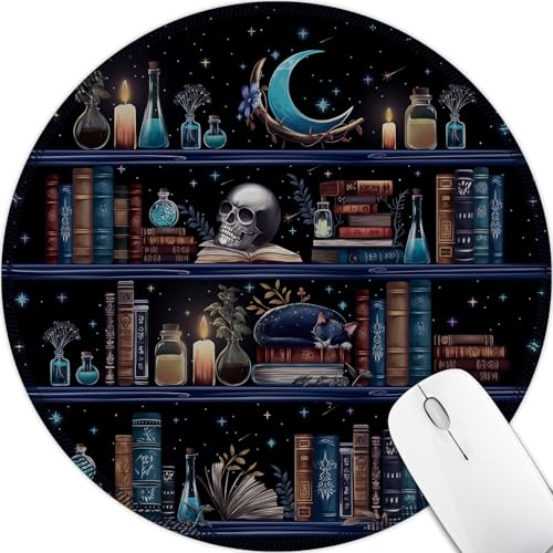 Hancynir Book Skull Funny Round Mouse Pad, Small Mousepad for Office Desk - color: Books Cat Skull