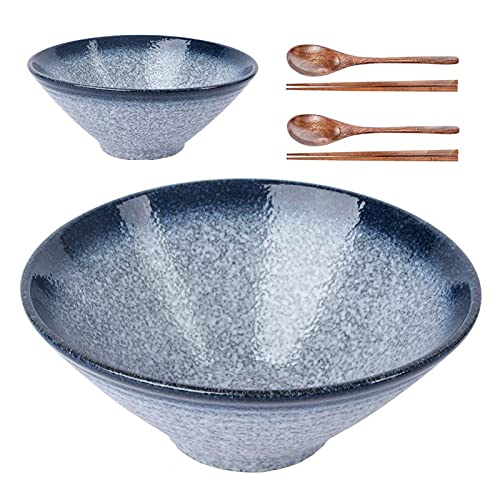 Lareina Ceramic Japanese Ramen Bowls, 2 Sets (6 Piece) 60 Ounce, Large Noodle Soup Bowl with Matching Chopsticks and Spoons for Asian Pho Udon Soba, Blue - color: Blue