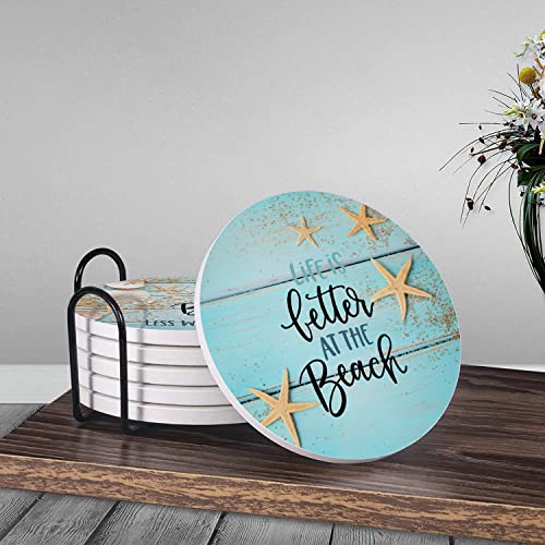 HUXJOKO Coasters for Drinks Set of 6,Seashells Starfish on Blue Wooden Absorbent Ceramic Coaster,Round Stone Mat,with Cork Base and Metal Holder for Coffee Table Room Bar Home Decor Housewarming Gifts - color: Seashells Starfish, size: Round