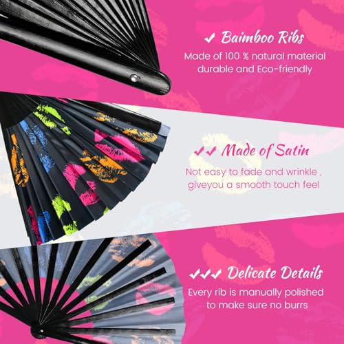 SYNTECSO Folding Hand Fan for Rave, UV Glow Clack Fan - color: Flaming Lips